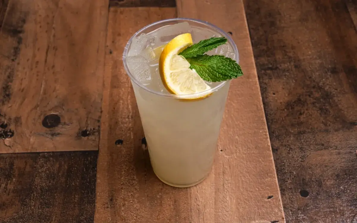 A cup of ginger mint lemonade with a lemon wheel and fresh mint